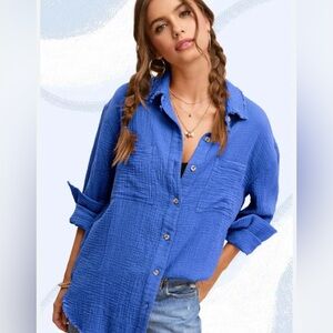 Rachel Roy size small, deep, royal blue button down, long sleeve top